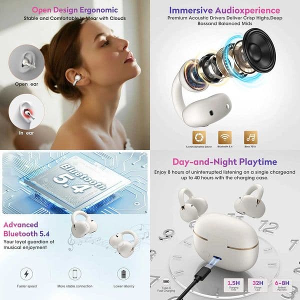 Ortizan OHAYO-A7 Clip On Earbuds Lightweight Comfort Open Ear Headphones Wireless Sports Headphones with ENC AI 4 Mics Calls X260529