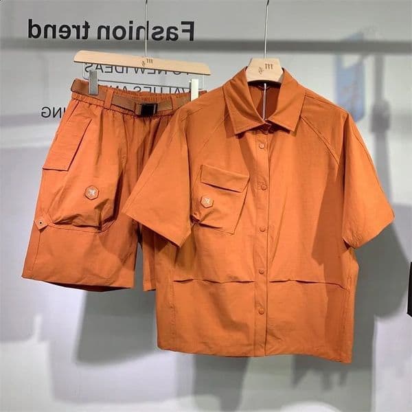 Summer Fashion Trend Solid Color American Cargo Short Sleeve Shorts Set Mens Casual Loose Large Size High-Quality Two-Piece Set 260527