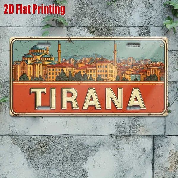 Tirana Albania Cityscape Mosque Vintage Themed Aluminum Metal Sign 2D Flat Printing Distressed License Plate Style Wall Decor fo C260529
