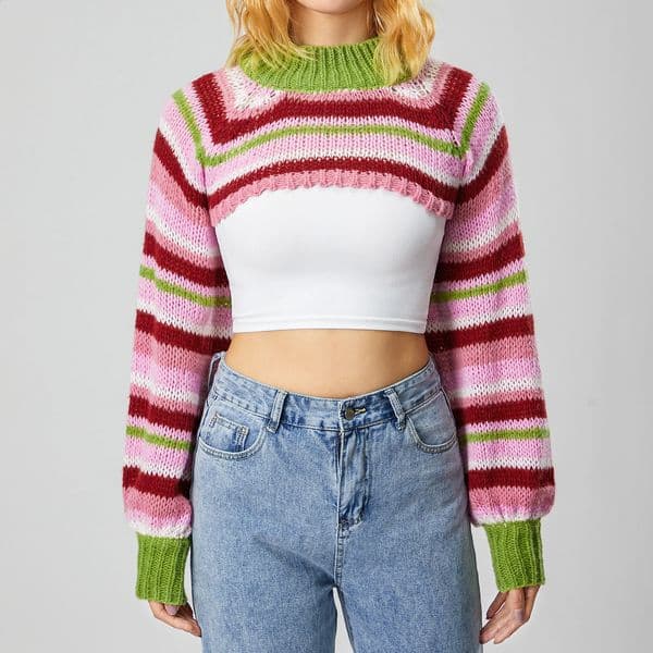 Women Spring Autumn Knitted Shrug Sweater Casual Striped Loose Long Sleeves Half Turtleneck Pullover Crop Tops Streetwear 260526