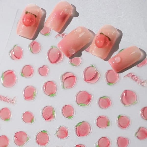 Pink Translucent Peach Jelly Texture 5D Soft Embossed Reliefs Self Adhesive Nail Art Stickers Cute Fruits 3D Manicure Decals 260528