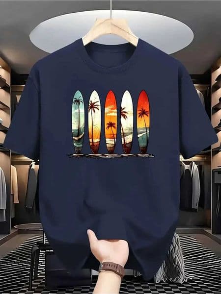 Retro Sunset Surfboard and Palm Tr Print on Premium Soft 100 Cotton Mens T Shirt Perfect for Summer Beach Casual Style D260529