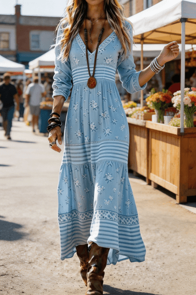 Women's V Neck Long Sleeve Boho Dress Mixed Floral & Striped Print Tiered Ruffled Cake Dress Casual Retro Maxi Dress