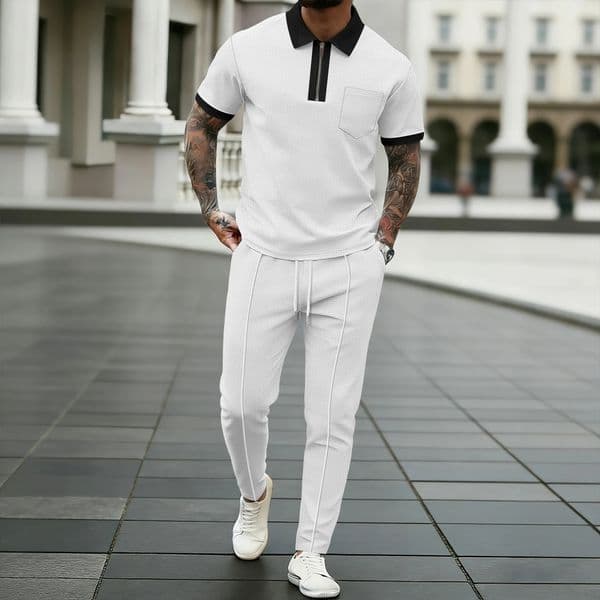 Mens QuickDry Waffle Knit Polo and Pants Set Black Trim HalfZip Short Sleeve Top Elastic Waist 260522