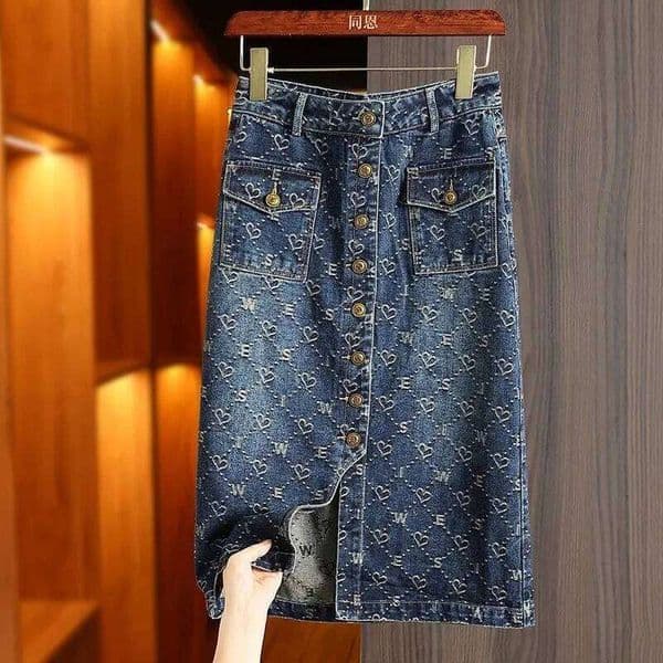 Spring Love Jacquard Women Autumn New Casual Slim Split Buttock Skirt With Pockets Female Long Denim Skirts Y2k Skirt Dresses
