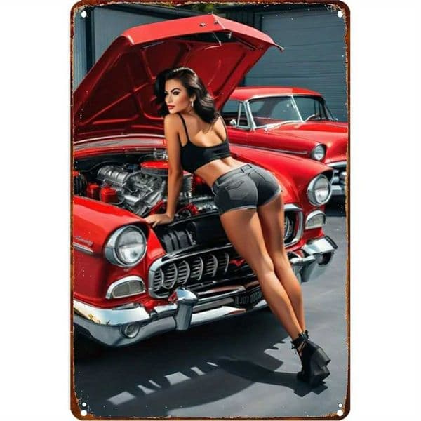 Vintage Pin Up Girl with Red Classic Car Metal Tin Sign Retro Hot Rod Garage Wall Decor Rustic Pinup Plaque Poster for Man Cav C260529