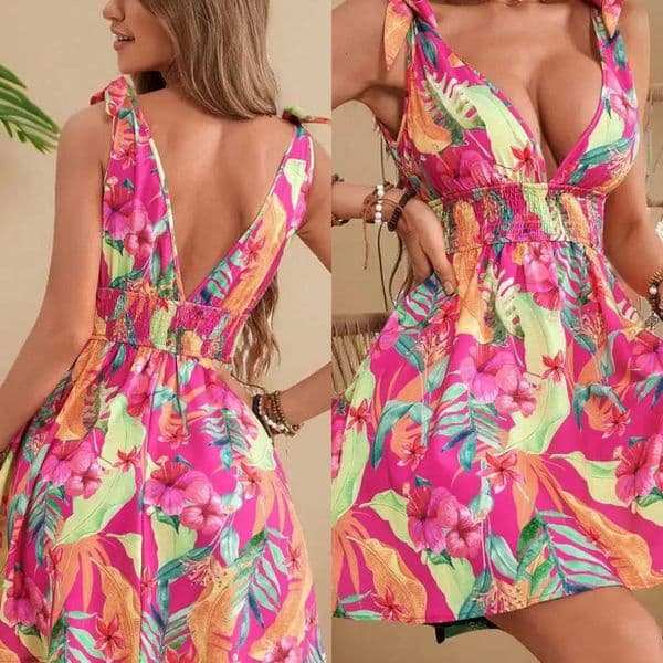 Womens Woven V-Neck Sleeveless Mini Dress Casual Printed Dress for Spring/Summer 2026 Womens Summer Clothing L260528