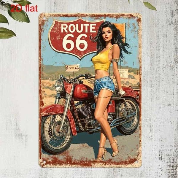 2D flat vintage metal Decorative sign route 66 cycling wall decoration Durable pre perforated easy to hanging 20x30cm C260529