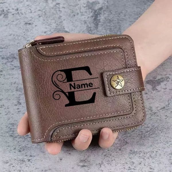 Mens Custom Wallet Personalized Artificial Leather Engraved Name and Letter Fathers Day Dad Gift Brown 260528
