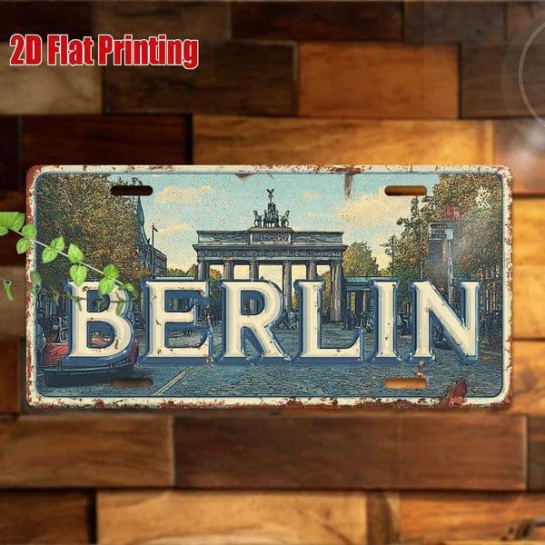 Berlin Brandenburg Gate Retro Illustration 2D Flat Printing License Plate Style Metal Tin Sign German Capital City Themed Decor C260529