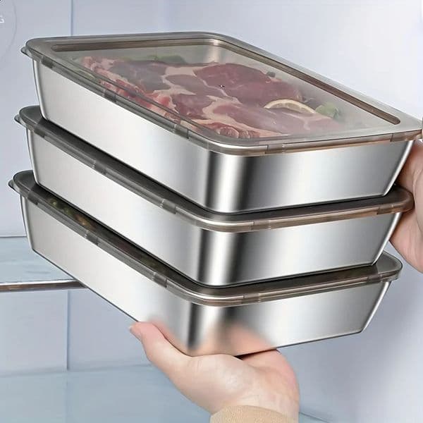 Stainless Steel Food Storage Container Rectangle Dish with Cover Noodles Fruit Tray Lunch Box Thick Refrigerator Organizer Plate 260529