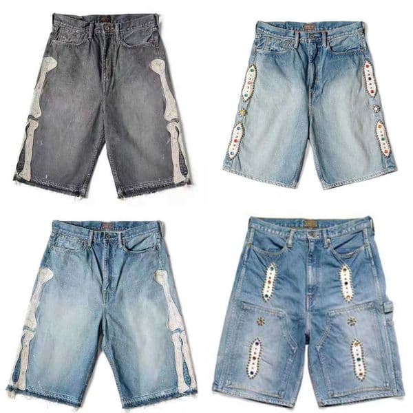 lue Dyed Retro Distressed Loose Rivet-Inlaid Gemstone Denim Cotton jeans Jacquard feather pants bell bottoms Nylon casual shorts Z26052812O5