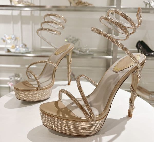 Women Dress Shoes Platform Sandals Sexy Thin High Heels Women's Shiny Crystal Ankle Snake Shaped Winding Banquet Shoes Rhinestone Sandalias Mujer