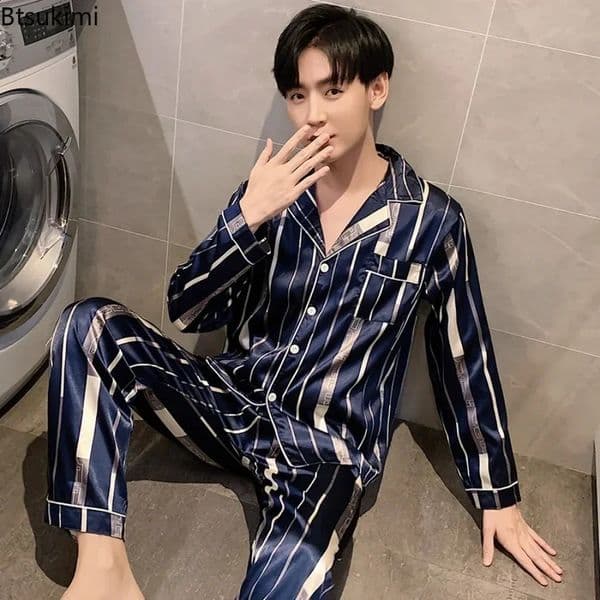 Loungewear Mens Fashion Long SleevePants Satin Soft Pajama Sets Comfort Jacquard Ice Silk Home Wear Sleepwear Suit for Men 260527