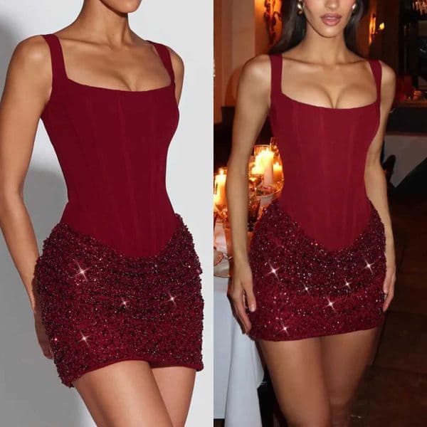 European and American fishbone slim fit sequin patchwork pleated hip hugging dress high-end suspender dress L260528