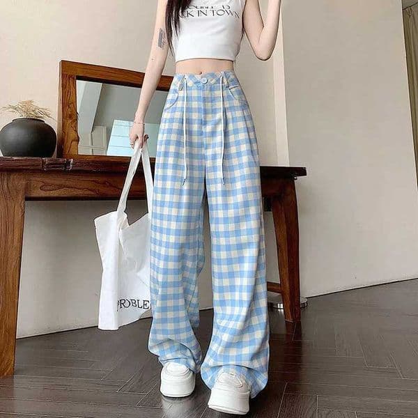 New Girls Blue Plaid High Waist Trousers Hot Sale Female Casual Straight Leg Pants Women Korean Fashion Baggy Pants M260529