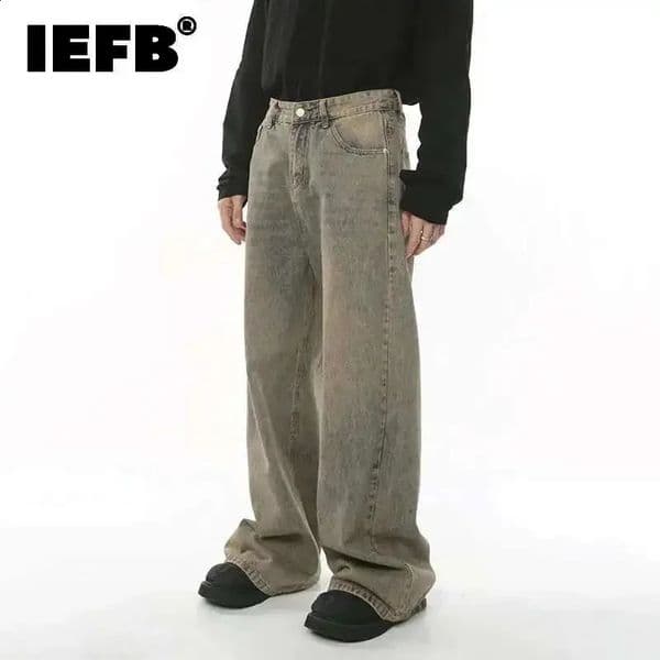 IEFB Spring Mens Baggy Jeans Worn Out Loose Wide Leg Denim Pants Chic Distressed Streetwear Vintage Male Trousers 9C 260529