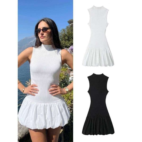 HH Knitted Women Mini Dress Turtleneck Solid Backless Pleated Slim Dresses 2026 Summer Festival Female Fashion Streetwear