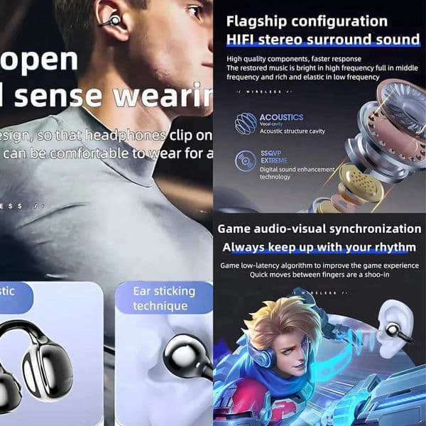 Wireless Headphones Open Ear Bluetooth 54 LED Display Clip on Earbuds with MicNoise CancellingComfortable Sports Earphones X260529