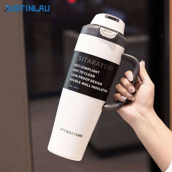 JUSTINLAU 1.2L Insulated Tumbler Stainless Steel Thermos Cup with Straw Handle Ice Coffee Drink Car Travel Outdoor Water Bottle W260529