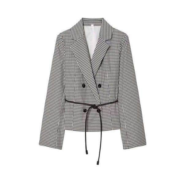 Women Blazers Coats 2026 Spring Autumn Plaid Double Breasted Sashes Bow Female Elegant Street Blazer Outerwear Clothing
