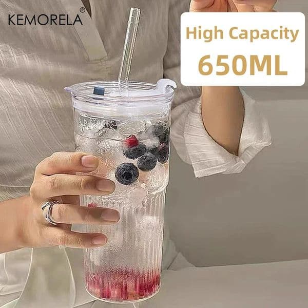 600ml Striped Glass Cup with Lid Straw Transparent Drinking for Juice Iced Coffee Water Outdoor Drinkware 260529