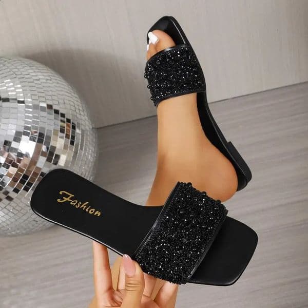 Womens Black Beaded Flat Slide Sandals 2026 Summer Square Toe Slip On Slippers Plus Size 43 Party Dress Shoes 260525