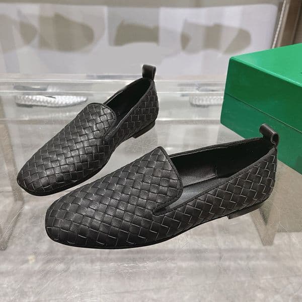 Luxurious Unisex Black Woven Leather Loafers Square Toe Slip On Versatile Casual Formal Occasions All Day Comfortable Low Heel Moccasins