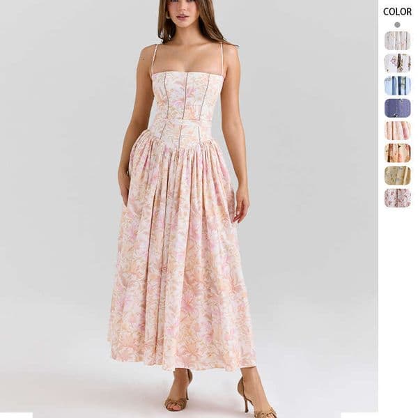 Elegant Gentle Slim Fit Floral Suspender Dress For Women European American Style Cross Border MAKOUFEI