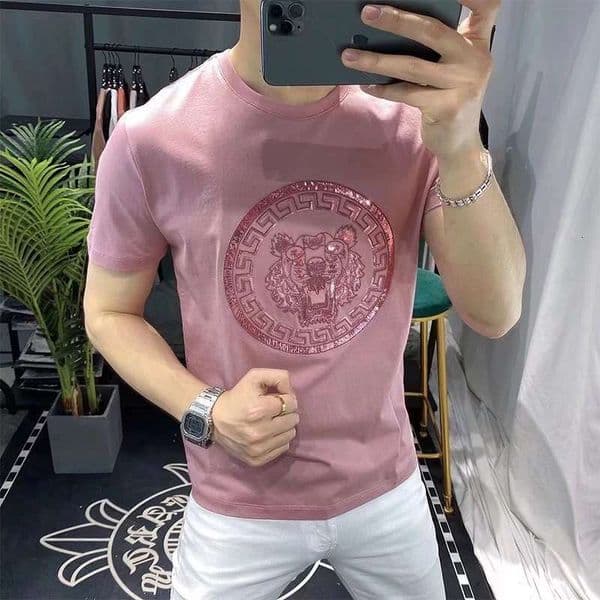 Summer New Short Sleeve T-Shirt, Men's Fashion Brand With Rhinestone Embellishments, Trendy Cultural Shirt Summer Men Tops High-End Designround-Neck Pullov