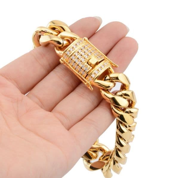 Iced Out Cuban Link Chain Bracelet Mens Gold Chains Bracelets Stainless Steel Hip Hop Jewelry 8/10/12/16/18mm
