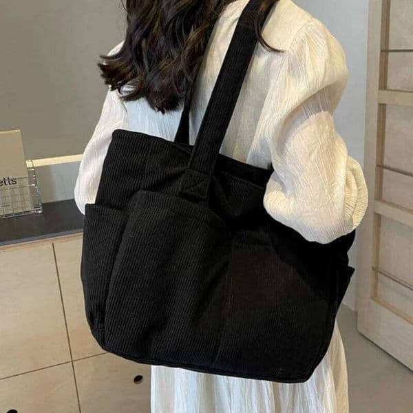 Large Capacity Women's Corduroy Tote Casual Striped Shoulder Bag with Fixed Straps Zipper Handbag for Daily Commuting