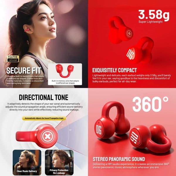 Zombiescat S4 Ear Clip Bluetooth Headphones Transparent Clip On Ear OWS Earphones True Wireless Earbuds for Sports/Daily Use X260529