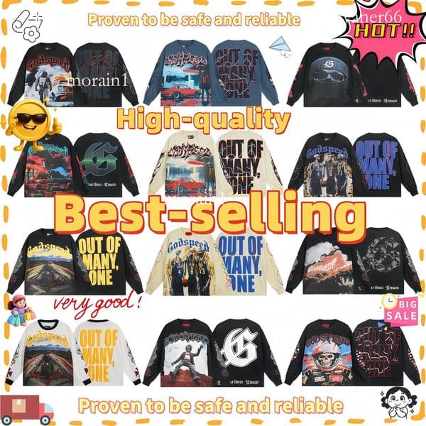 best-selling designer High-quality Men's hits T-shirt Beach Hip Fabric Printed Men's and Women's Street Casual Washed Black High Quality Long Sleeve size S-XL 1d 4c