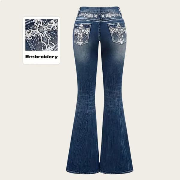 Jeans Flare Pants Women Vintage Boot Cut Embroidery Pockets Rhinestone Washed Female Distressed Denims Trousers Streetwear 260529