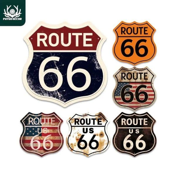 Putuo Decor 1pc Route 66 Tin Signs Vintage Metal Shield Shaped Plaques for Garage Man Cave Club Pub Bar Home Wall Art Decor C260529