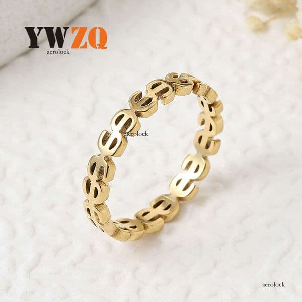 Hip Hop Style Sterling Silver 14K 18K Gold jewelry hollow dollar symbol titanium steel trendy and personalized couple's ring manufacturer