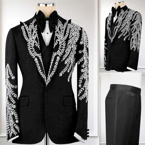 Luxury Rhinestones Jewelry Suit Attire For Men 3 Piece Set Single Breasted Prom Blazer Customized Groom Tuxedos Male Party Dress
