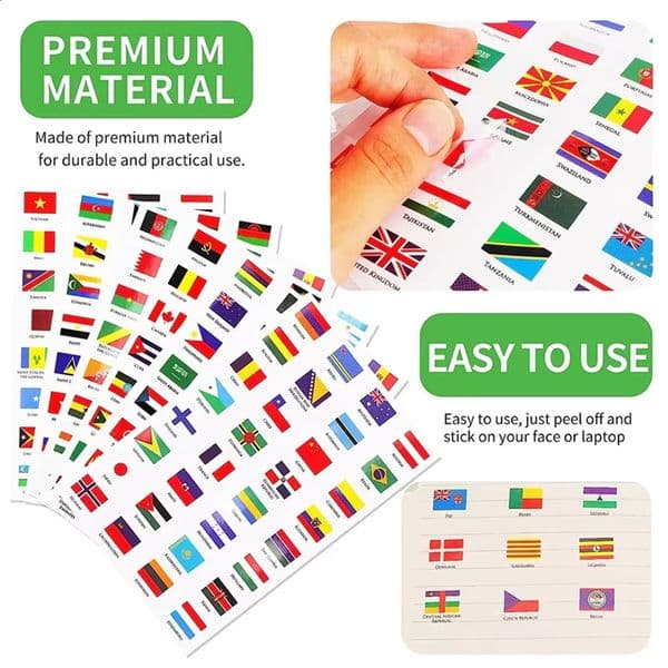6 Sheets World Flag Stickers Self-Adhesive 192 Countries PVC Planner Travel Stickers Face Stickers for Theme Parties Journal 260529