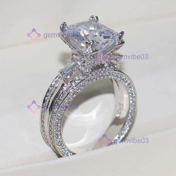Vecalon Women Big Jewelry ring Princess Cut 10ct moissanite stone 300pcs Cz 925 Sterling Silver Engagement Wedding Ring Gift
