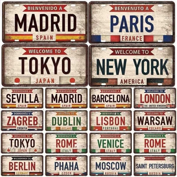 Vintage Berlin Madrid New York Paris Country City Style Plate Metal Aluminum Sign Plaque Man Cave Bar Club Poster Decoration C260529
