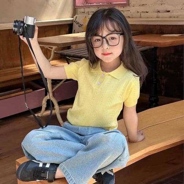 Girls Summer Solid Color Knitted T-shirt for Childrens Casual Korean Short Sleeve Top All-match Fashion ShirtR260529