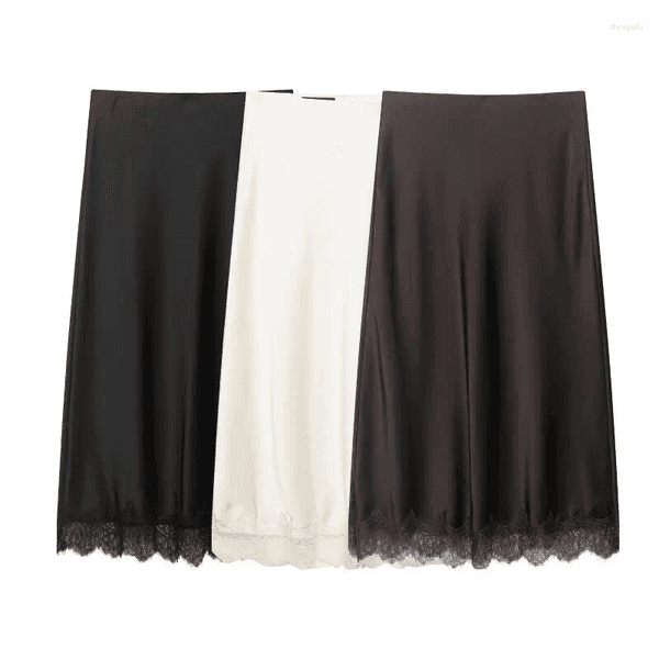 Skirts Women's Spring Summer Casual Satin Texture Lace Trim Midi Skirt Breathable And Elegant 3 Colors For Daily Wear