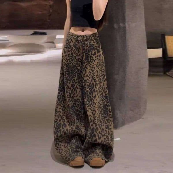 American Retro Leopard Print Wide-Leg Jeans for Women, New Spring and Autumn High Street Style, Slimming Loose Casual Straight-Leg Floor-Length Pants