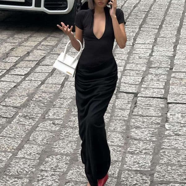 2026 New Women's Corset Maxi Dress Sexy Deep V Neck Ruched Bodycon Long Dress Summer Short Sleeve Solid Color Elegant Evening Gown