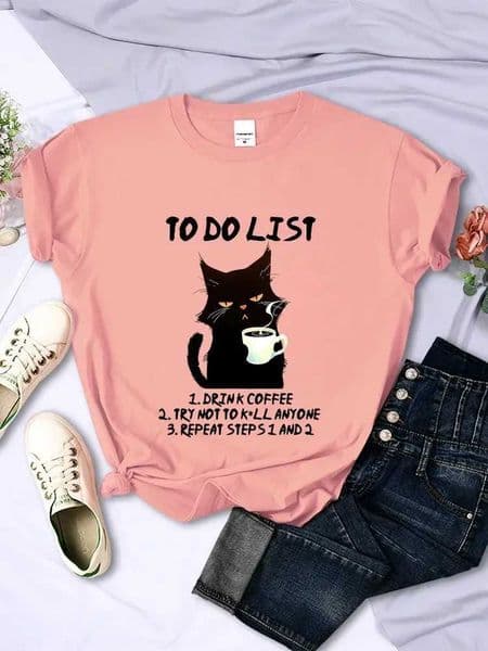 Black Cat To Do List Graphic T Shirts Funny Cat Coff Tshirts Tops Oversize T-shirt Fashion Harajuku T-shirts Men Brand T-shirt D260528