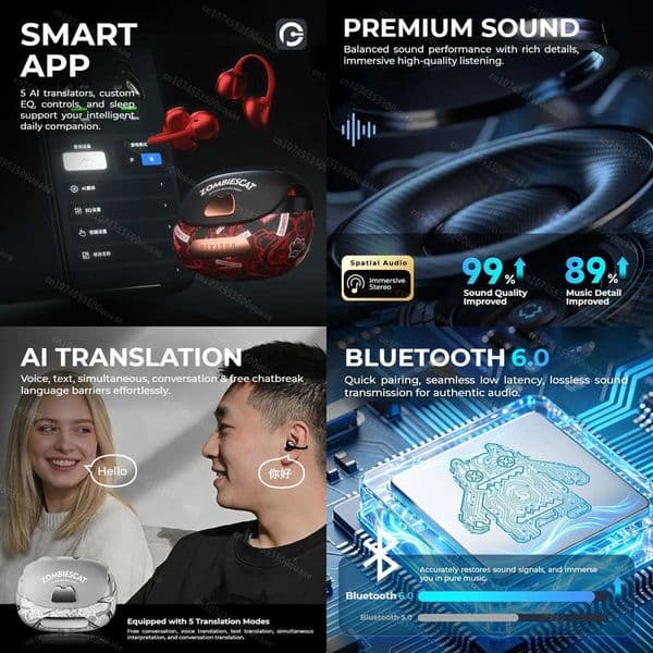 Zombies Cat B23 Graffiti OWS Ear Clip Headphone Bluetooth 60 Real Time Ai Translation Earphones TWS Wireless Earbuds with APP X260529