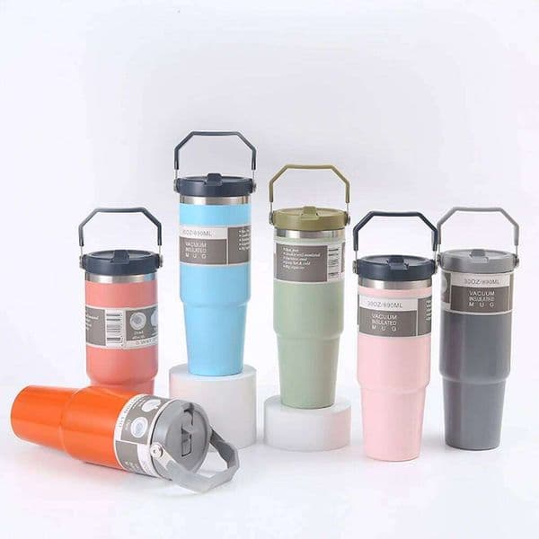 30OZ Portable Car Stainless Steel Thermos Cup with Straw Travel Sports Water Bottle With Handle Cover Coffee Vacuum Flask W260529