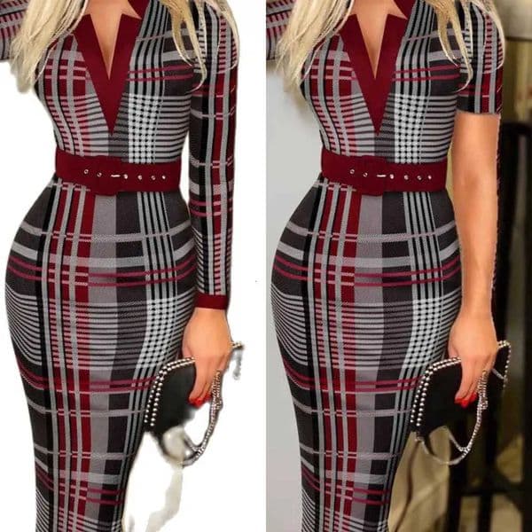 Womens Sexy Geometric Pattern V-Neck Midi Pencil Dress with Belt Long Sleeve Knit Bodycon Dress Suitable for All Seasons L260528