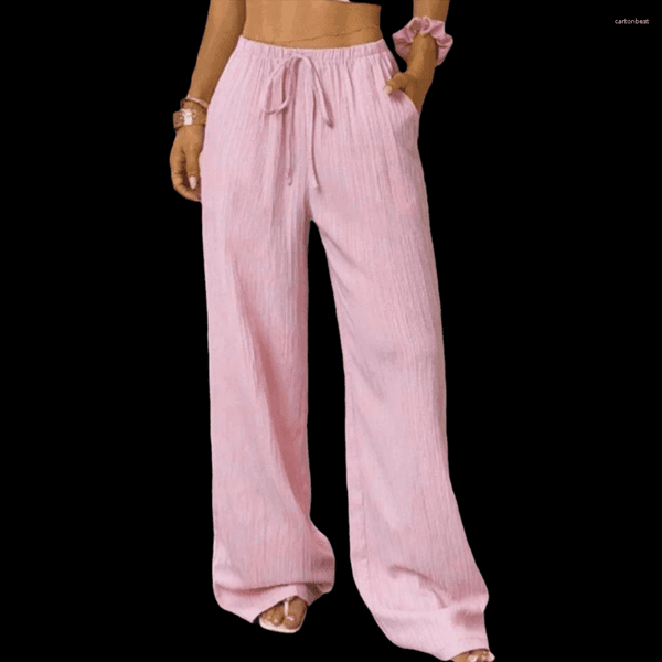Women's Pants Fashion Lace-up Straight Leg Side Pocket Drop Feeling Wide Trousers Loose Casual Wear Floor Length Britches Beach